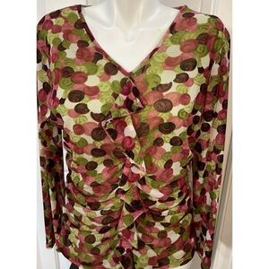 Merric Ruched Ruffle Top Womens Size 18 Green Pink Cream Polyester